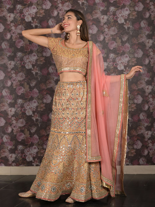 Odette Peach Embroidered Stitched Silk Blend Lehenga With Stitched Blouse For Women