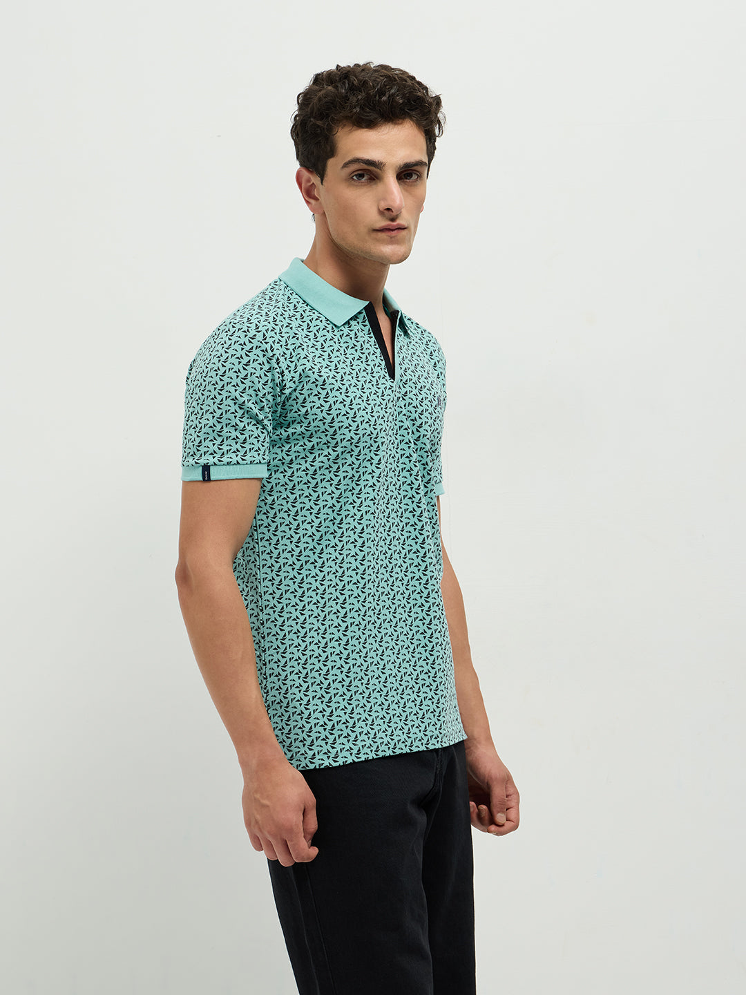 Aqua Green Printed Polo Casual T Shirt