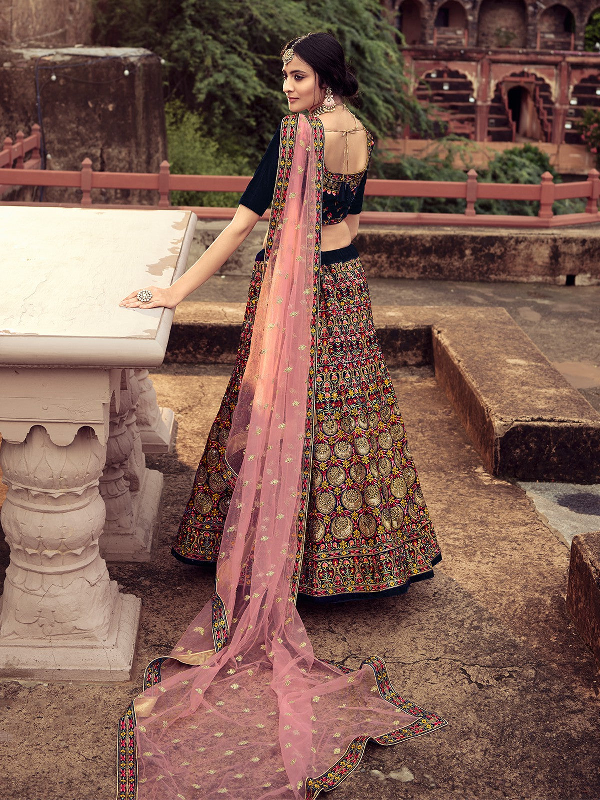 Odette Women Navy Blue Thread With Mutli Sequins Work Semi Stitched Lehenga With Unstitched Blouse