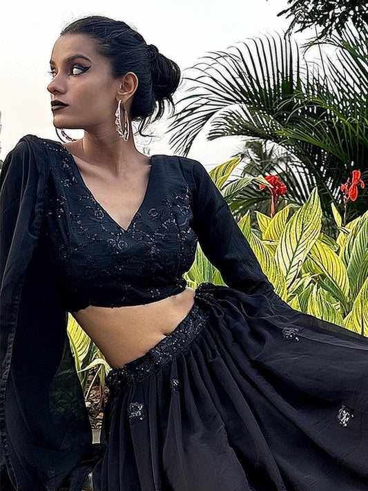 Odette Women Designer Black Georgette Semi Stitched Lehenga With Unstitched Blouse