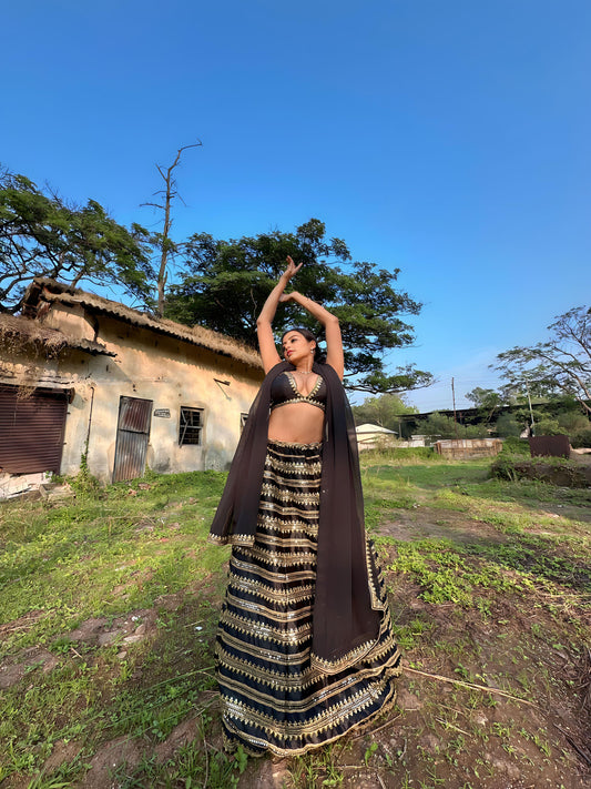 Odette Women Black Sequence Semi Stitched Lehenga With Unstitched Blouse