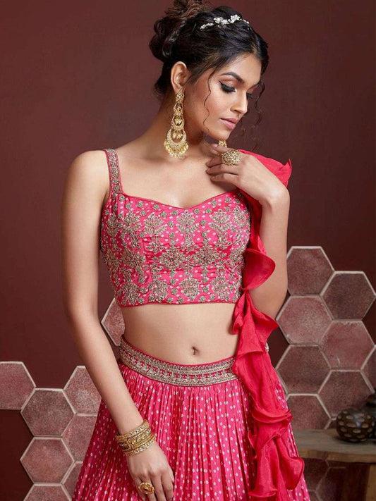 Odette Pink Chinon Silk Embroidered Semi Stitched Lehenga With Unstitched Blouse For Women