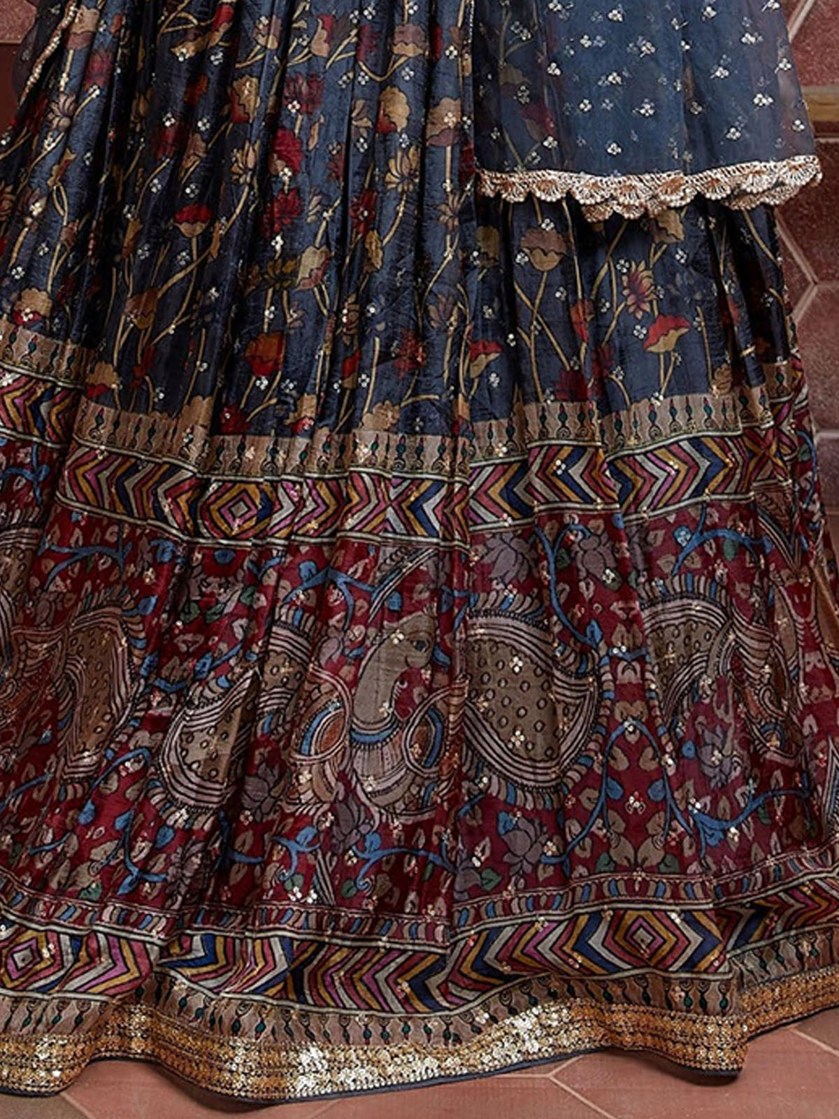 Odette Blue Chinon Silk Embellished Semi Stitched Lehenga With Unstitched Blouse For Women