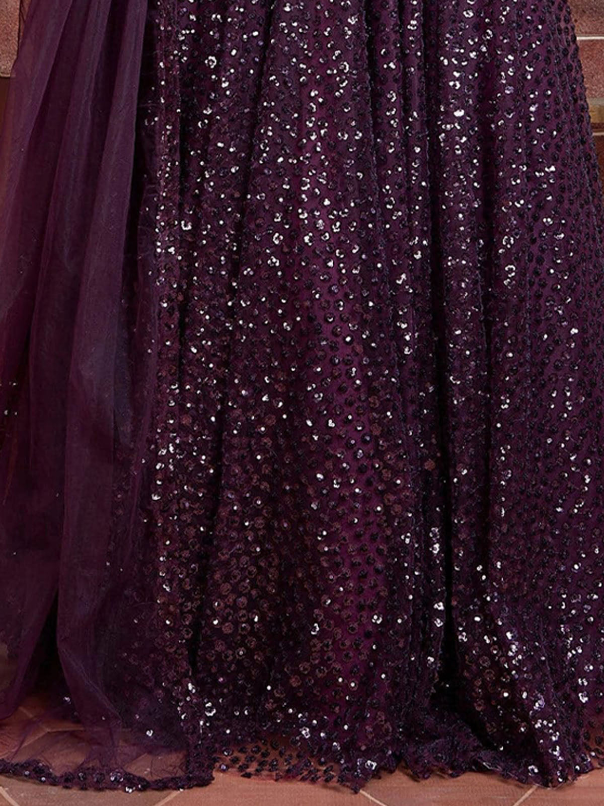 Odette Purple Soft Net Embellished Semi Stitched Lehenga With Unstitched Blouse For Women