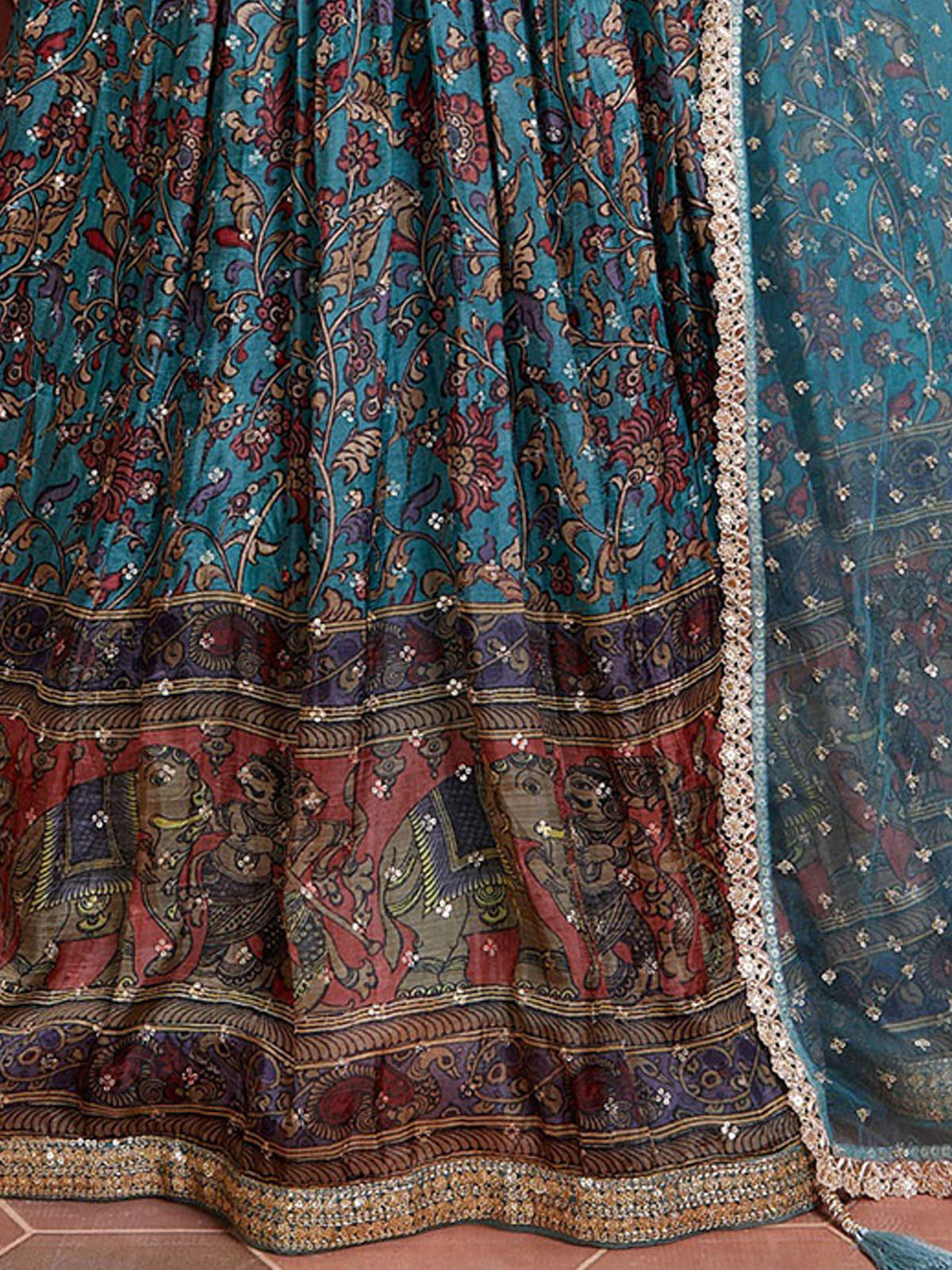 Odette Blue Chinon Silk Embellished Semi Stitched Lehenga With Unstitched Blouse For Women