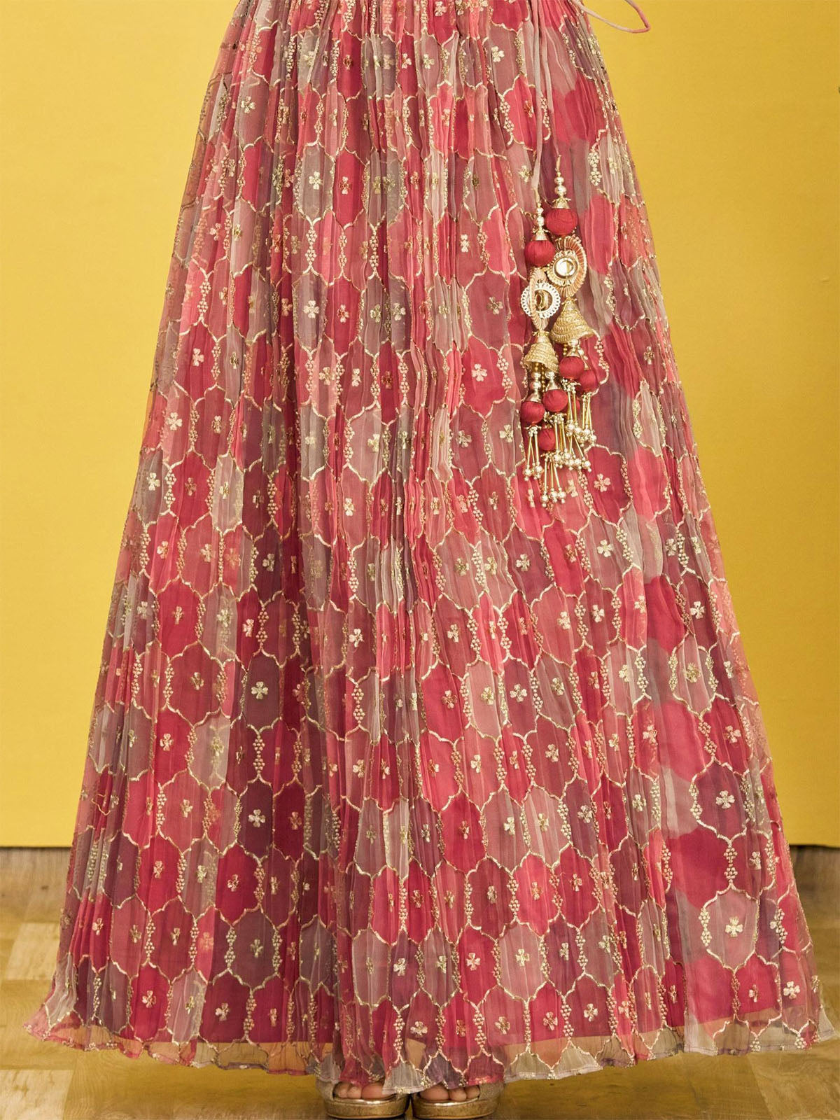 Odette Maroon Organza Embellished Semi Stitched Lehenga With Unstitched Blouse For Women