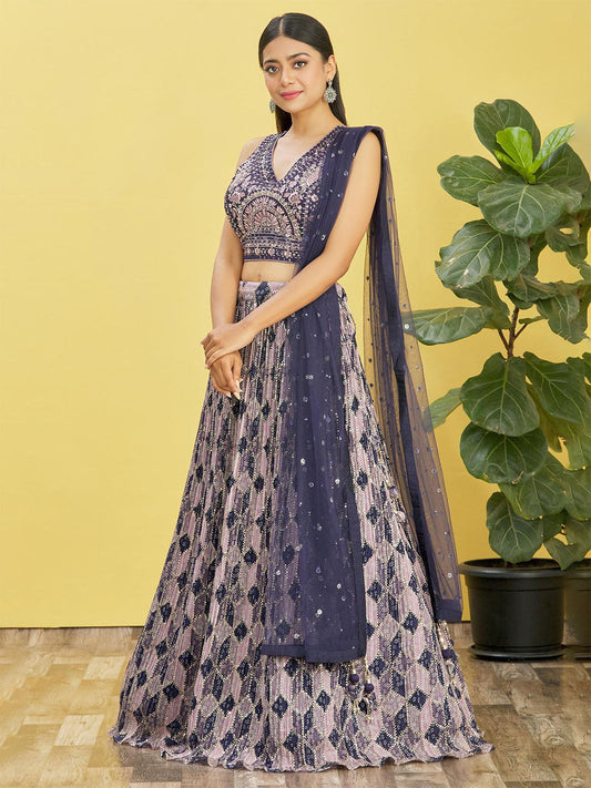 Odette Navy Blue Chinon Embellished Semi Stitched Lehenga With Unstitched Blouse For Women