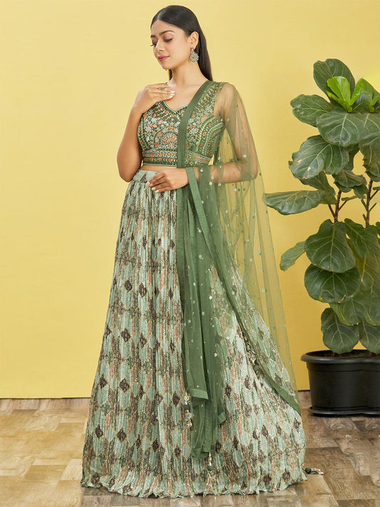 Odette Green Chinon Embellished Semi Stitched Lehenga With Unstitched Blouse For Women