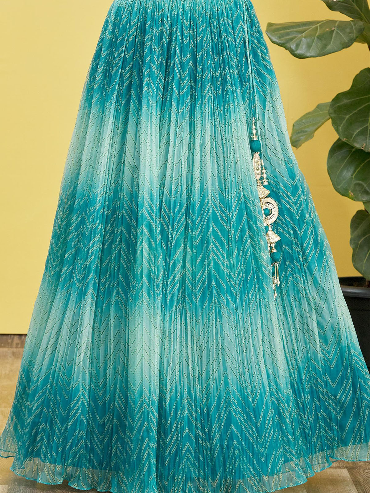 Odette Teal Organza Embellished Semi Stitched Lehenga With Unstitched Blouse For Women