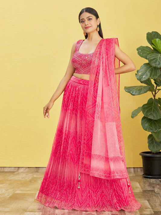 Odette Pink Organza Embellished Semi Stitched Lehenga With Unstitched Blouse For Women