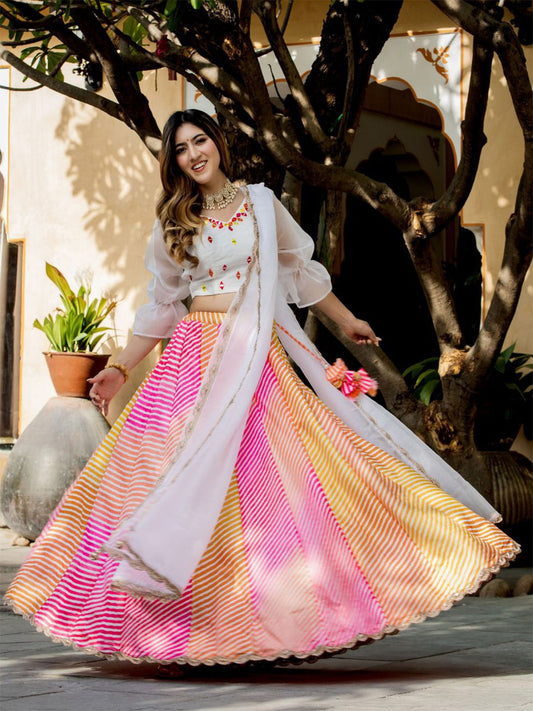 Odette Multicolor Organza Printed Semi Stitched Lehenga With Unstitched Blouse For Women