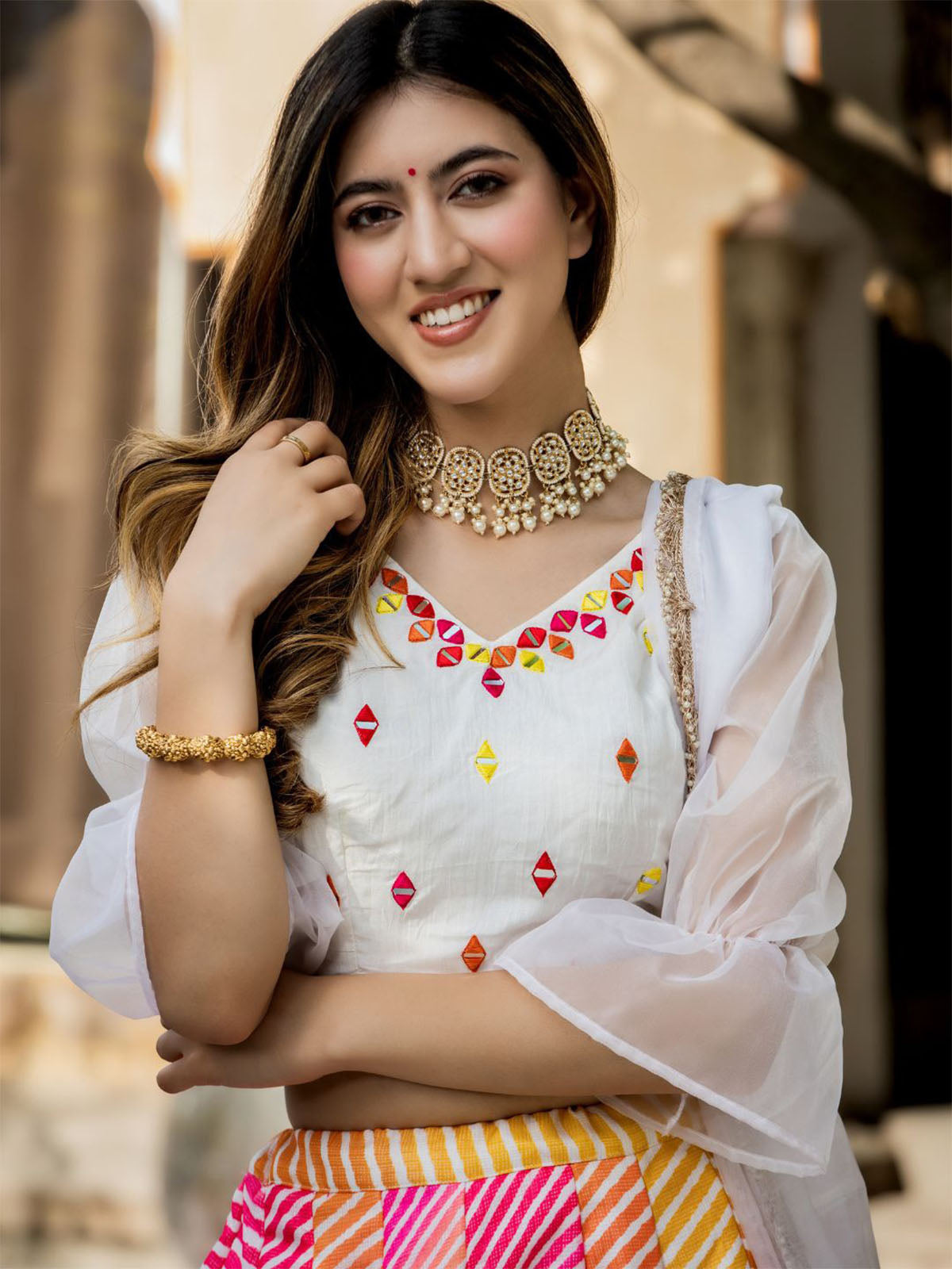 Odette Multicolor Organza Printed Semi Stitched Lehenga With Unstitched Blouse For Women