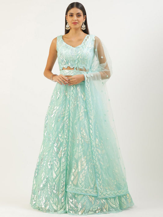 Odette Light Blue Soft Net Embellished Semi Stitched Lehenga With Unstitched Blouse For Women