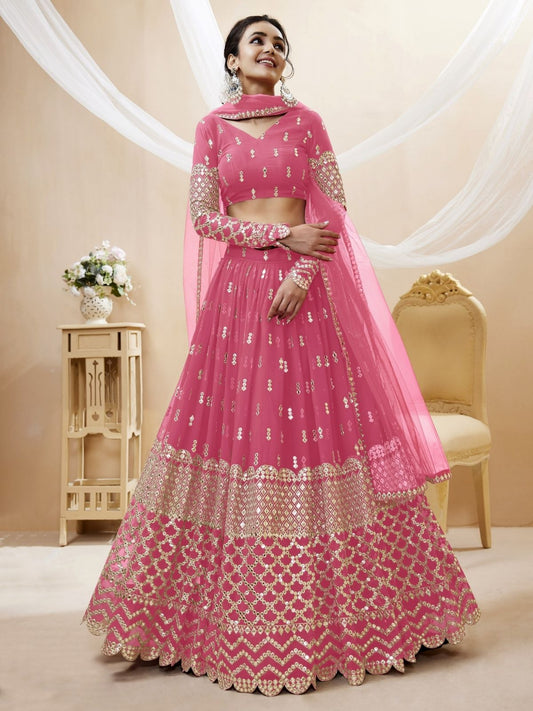 Odette Pink Georgette Embroidered Semi Stitched Lehenga With Unstitched Blouse For Women