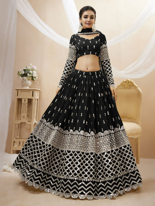 Odette Black Georgette Embroidered Semi Stitched Lehenga With Unstitched Blouse For Women