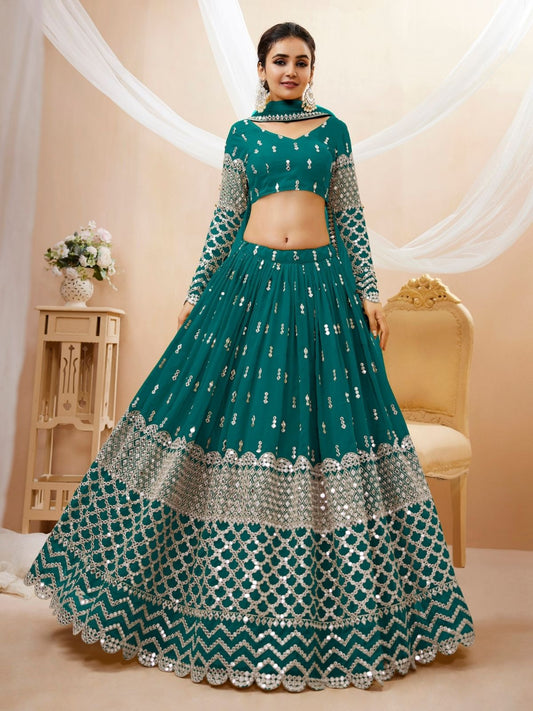 Odette Teal Georgette Embroidered Semi Stitched Lehenga With Unstitched Blouse For Women