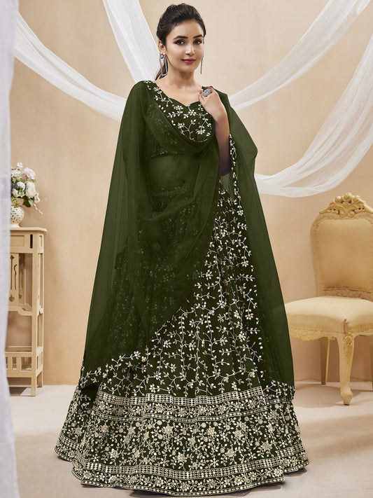Odette Olive Georgette Embellished Semi Stitched Lehenga With Unstitched Blouse For Women