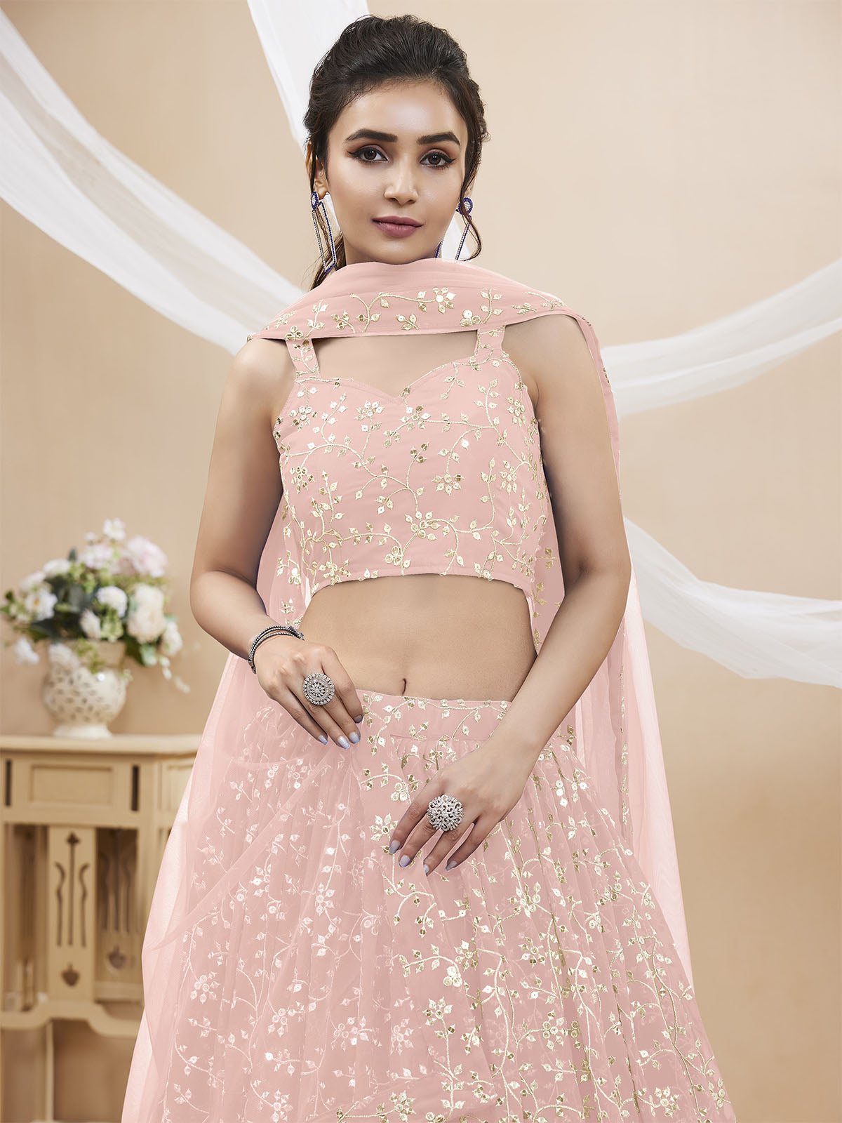 Odette Light Pink Georgette Embellished Semi Stitched Lehenga With Unstitched Blouse For Women