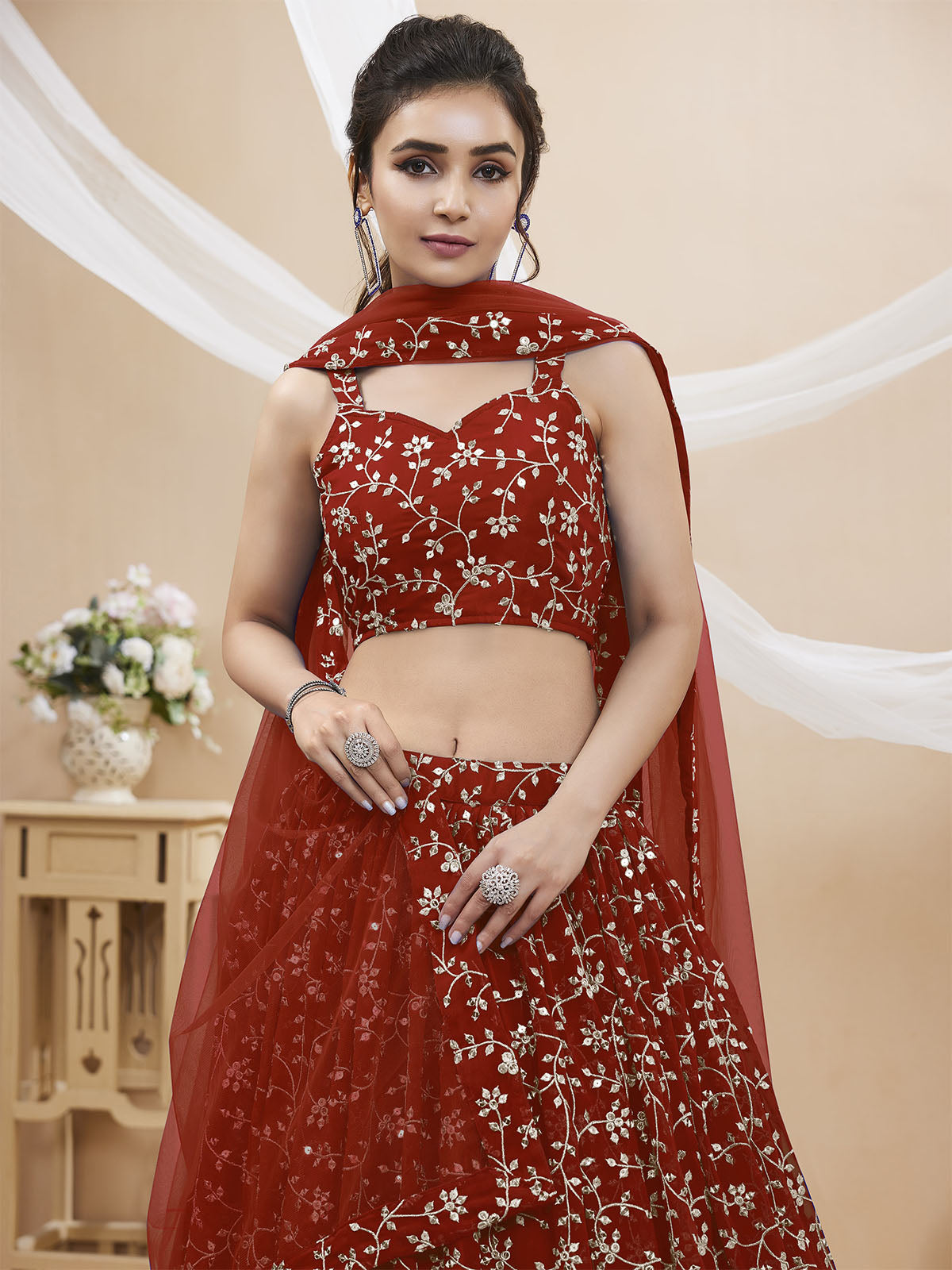 Odette Red Georgette Embellished Semi Stitched Lehenga With Unstitched Blouse For Women