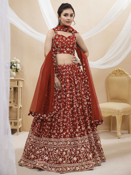 Odette Red Georgette Embellished Semi Stitched Lehenga With Unstitched Blouse For Women