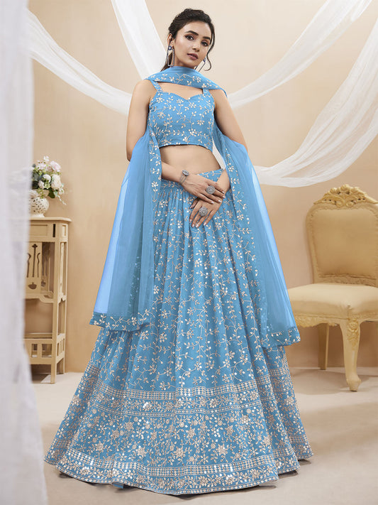 Odette Light Blue Georgette Embellished Semi Stitched Lehenga With Unstitched Blouse For Women