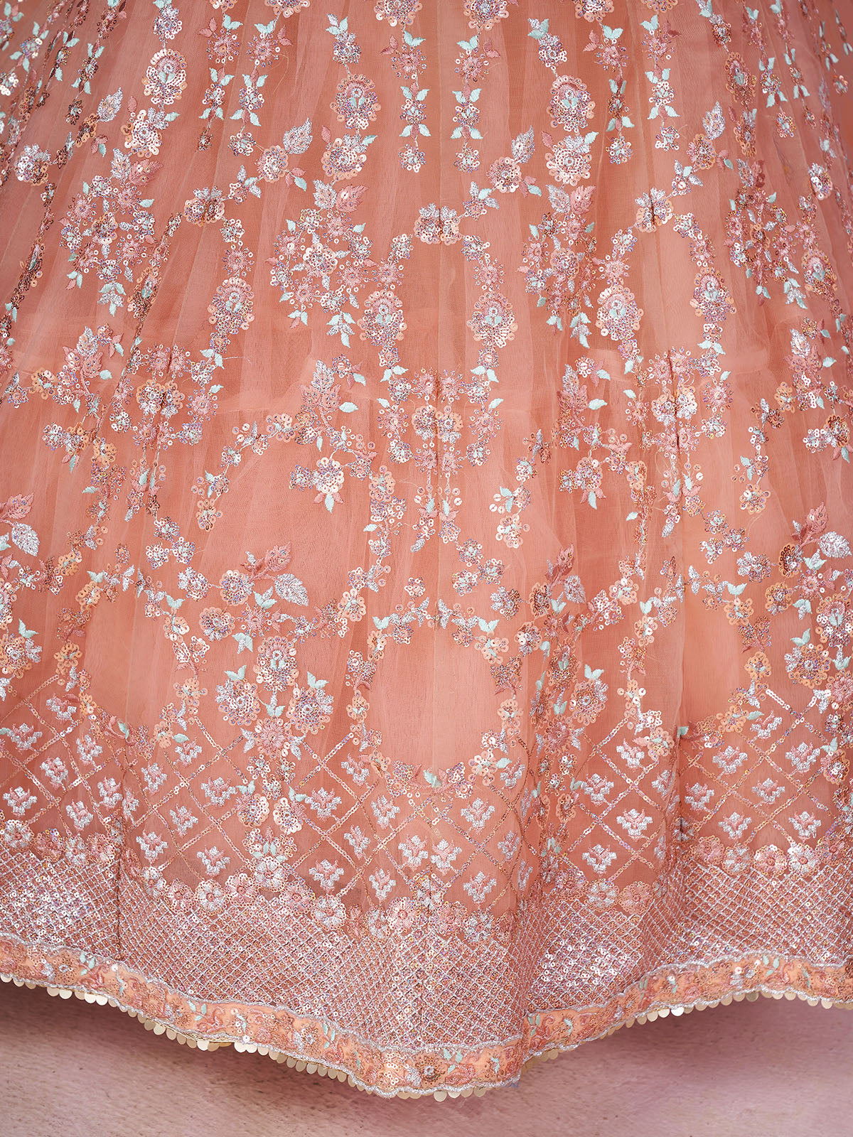 Odette Peach Soft Net Embellished Semi Stitched Lehenga With Unstitched Blouse For Women