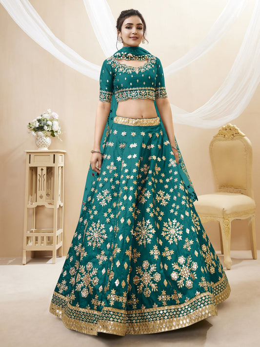 Odette Green Art Silk Embroidered Semi Stitched Lehenga With Unstitched Blouse For Women
