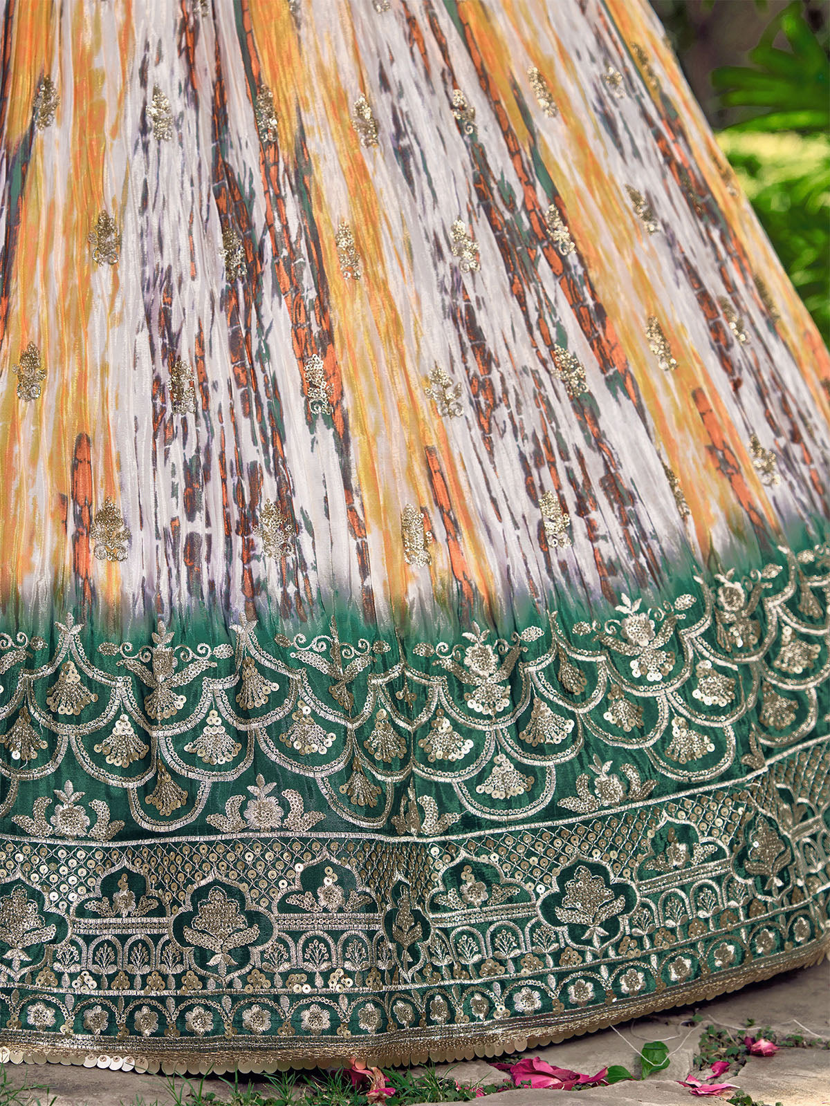 Odette Green Chinon Embellished Semi Stitched Lehenga With Unstitched Blouse For Women