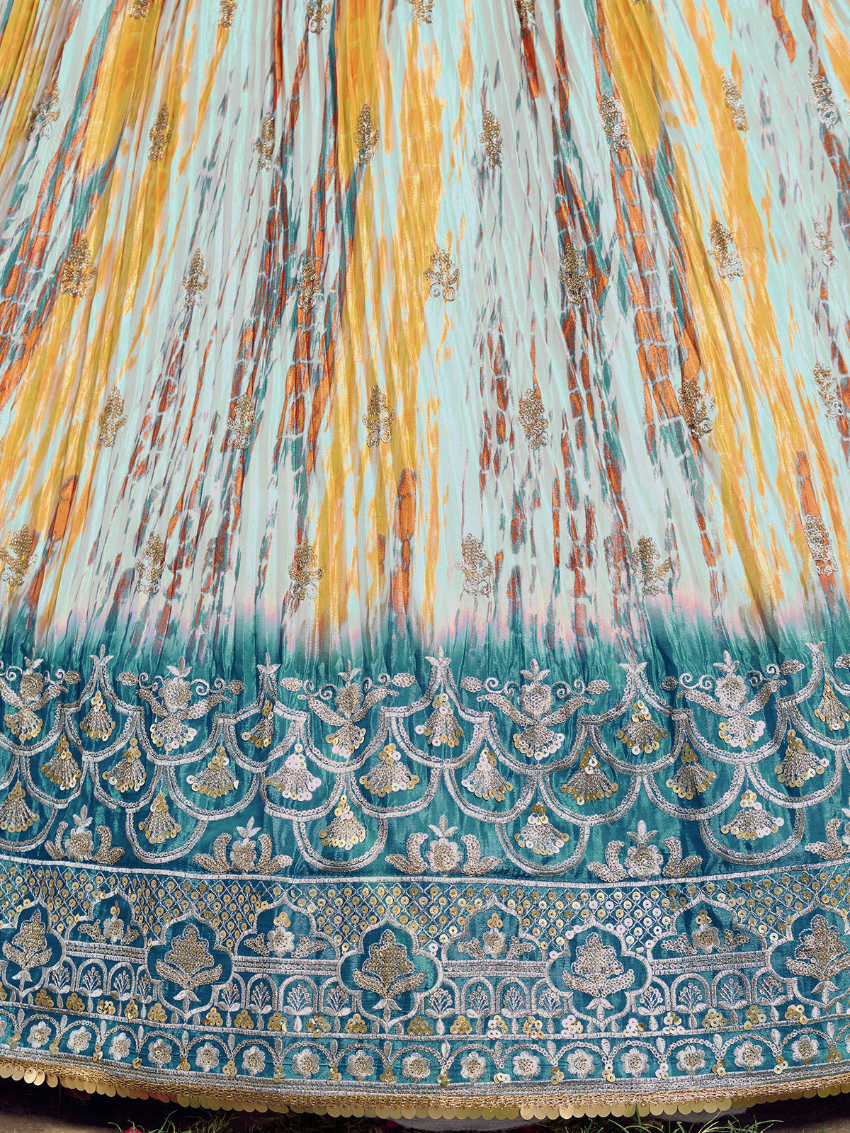 Odette Teal Chinon Embellished Semi Stitched Lehenga With Unstitched Blouse For Women