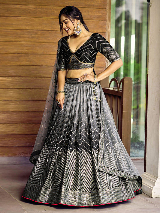 Odette Black Chinon Embellished Semi Stitched Lehenga With Unstitched Blouse For Women