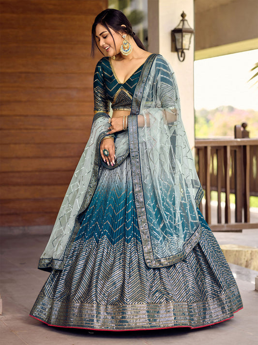 Odette Blue Chinon Embellished Semi Stitched Lehenga With Unstitched Blouse For Women