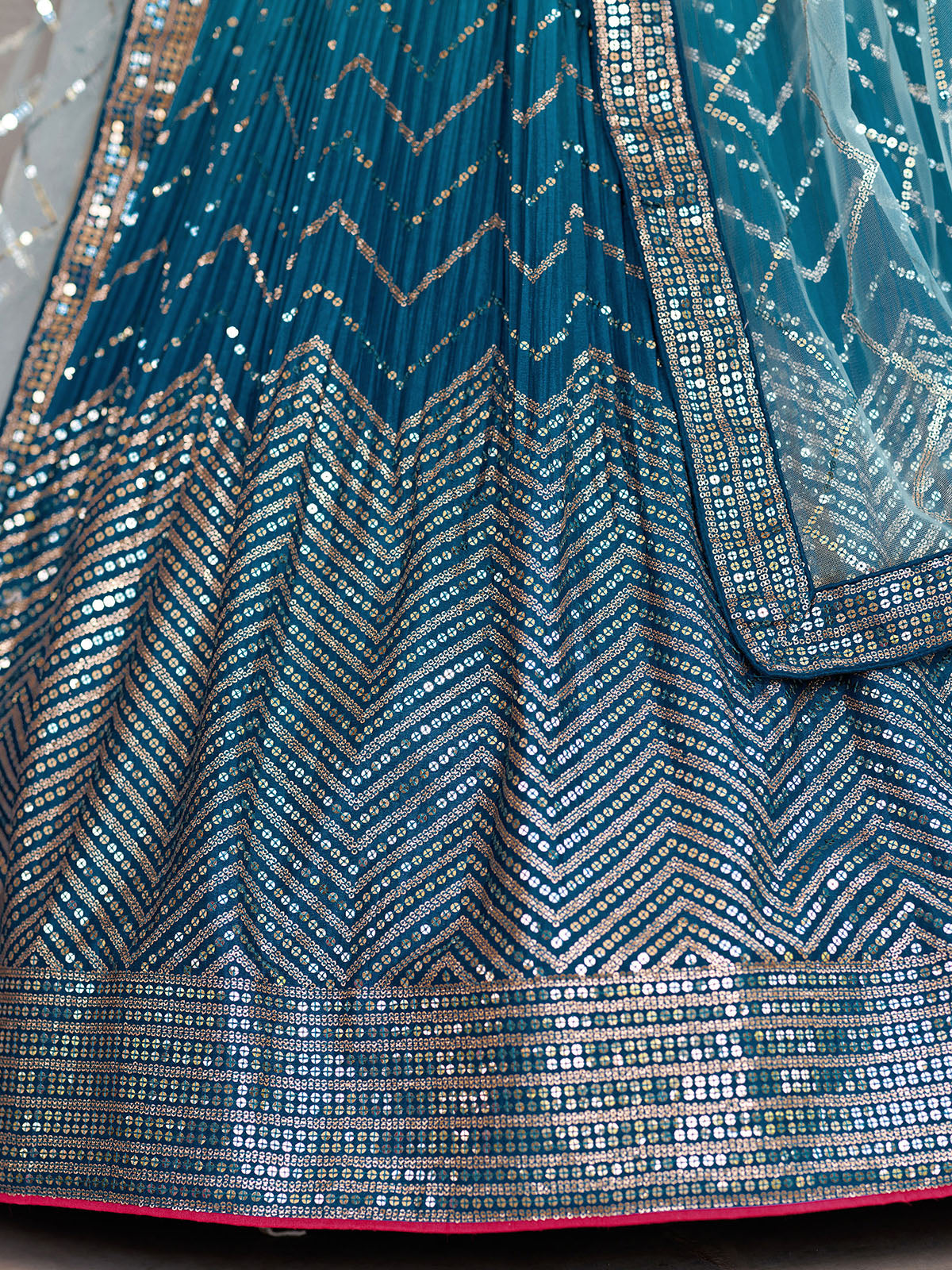 Odette Blue Chinon Embellished Semi Stitched Lehenga With Unstitched Blouse For Women