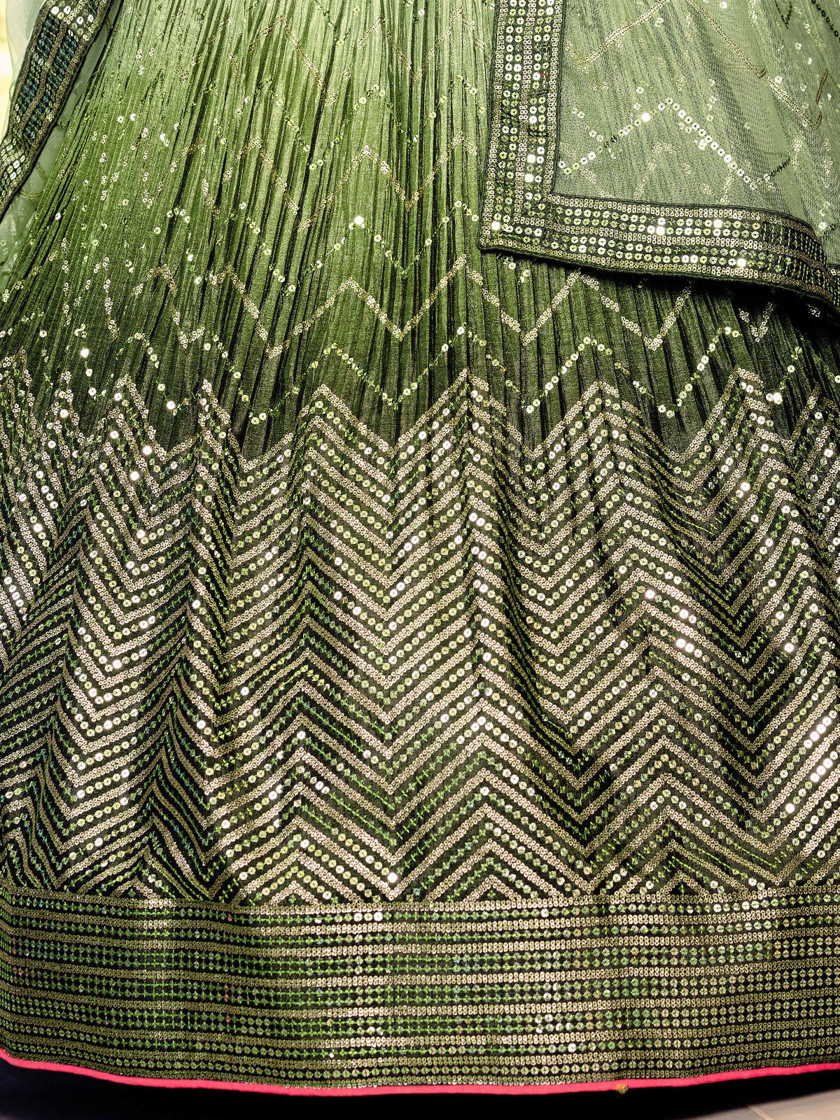 Odette Green Chinon Embellished Semi Stitched Lehenga With Unstitched Blouse For Women