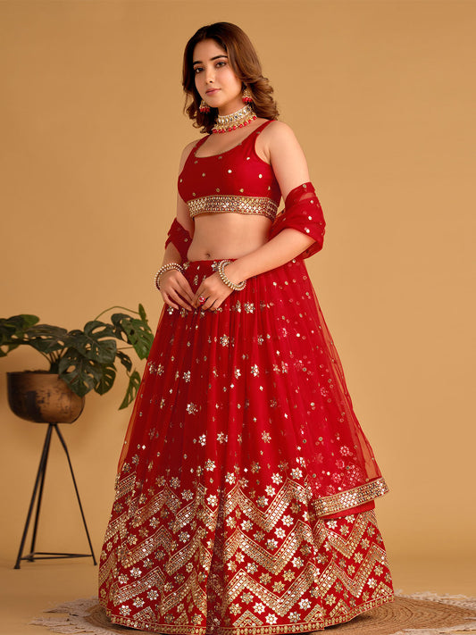 Odette Red Georgette Embellished Semi Stitched Lehenga With Unstitched Blouse For Women