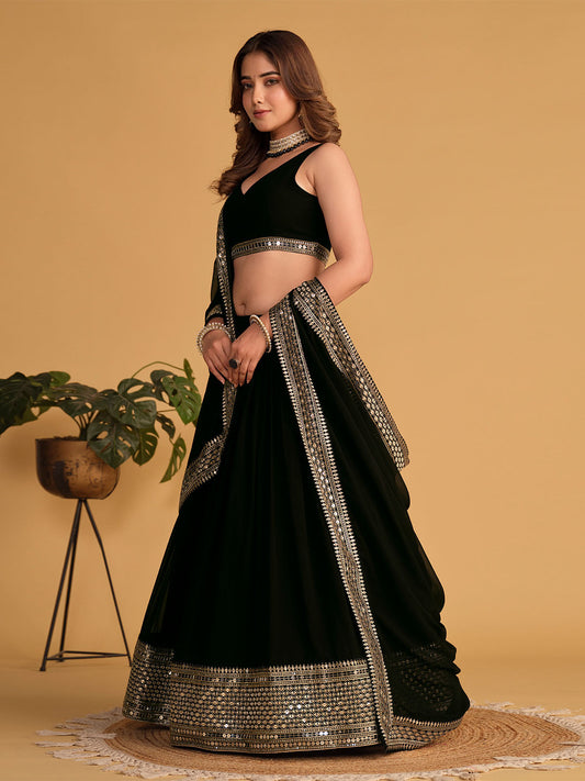 Odette Black Georgette Embellished Semi Stitched Lehenga With Unstitched Blouse For Women