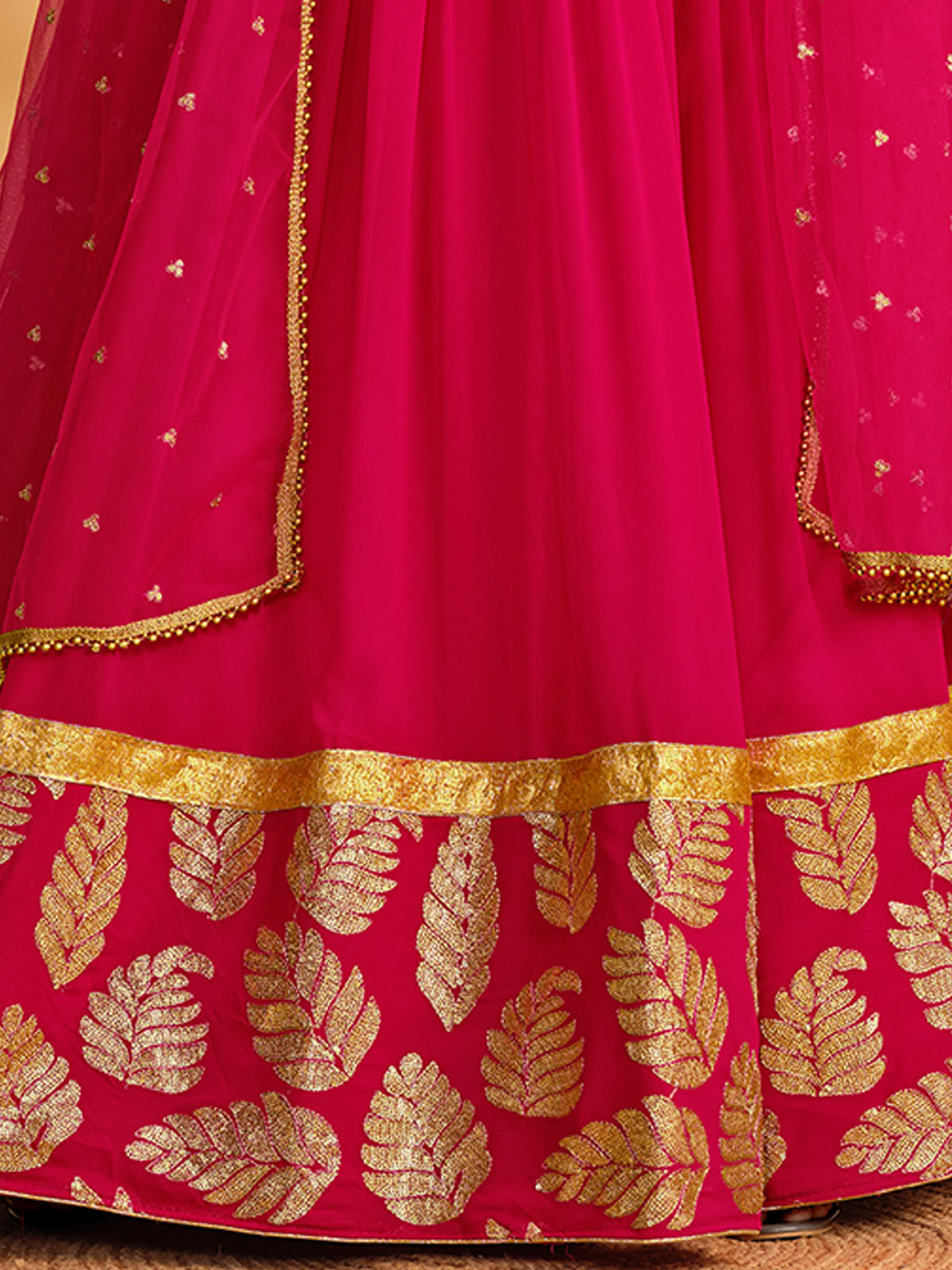 Odette Pink Georgette Embellished Semi Stitched Lehenga With Unstitched Blouse For Women