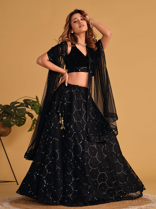 Odette Black Organza Net Embellished Semi Stitched Lehenga With Unstitched Blouse For Women