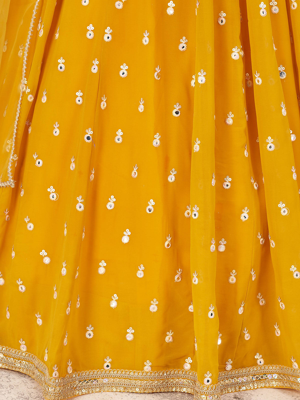 Odette Yellow Georgette Embellished Semi Stitched Lehenga With Unstitched Blouse For Women