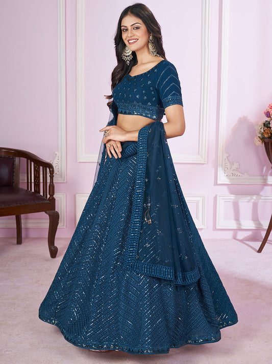 Odette Blue Georgette Embellished Semi Stitched Lehenga With Unstitched Blouse For Women