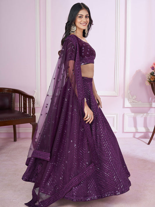 Odette Purple Georgette Embellished Semi Stitched Lehenga With Unstitched Blouse For Women