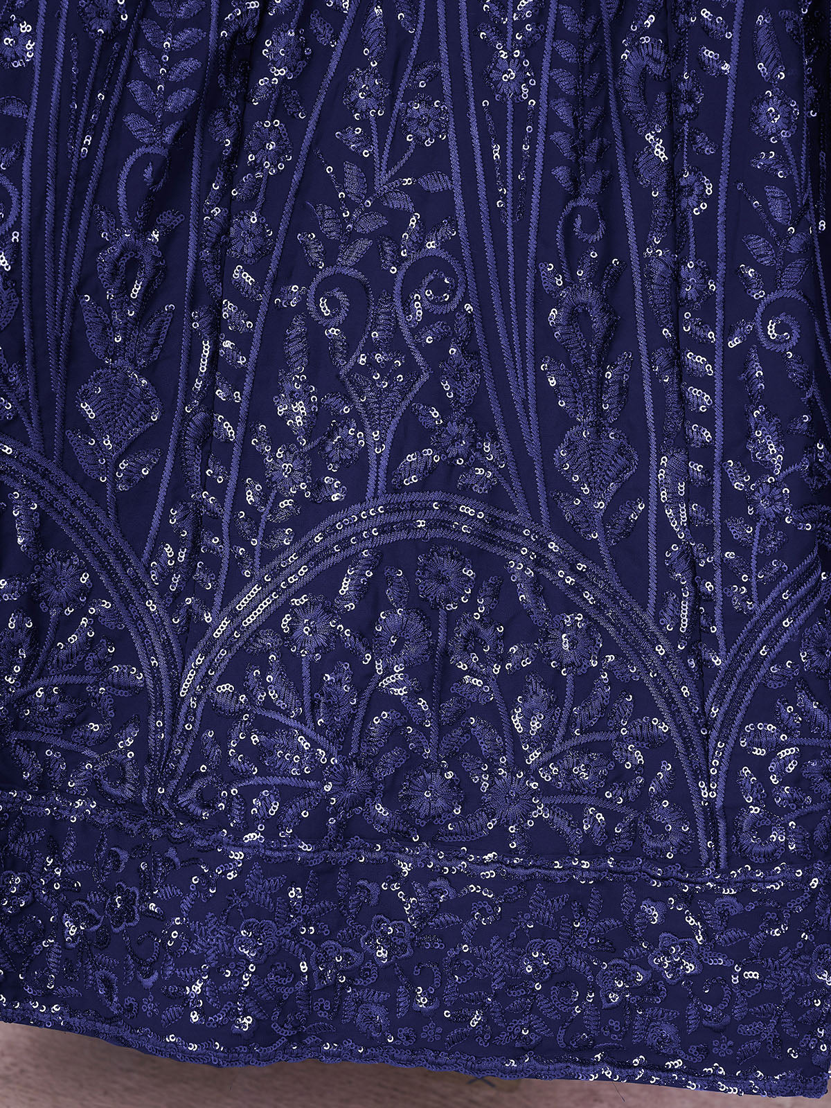 Odette Blue Georgette Embellished Semi Stitched Lehenga With Unstitched Blouse For Women