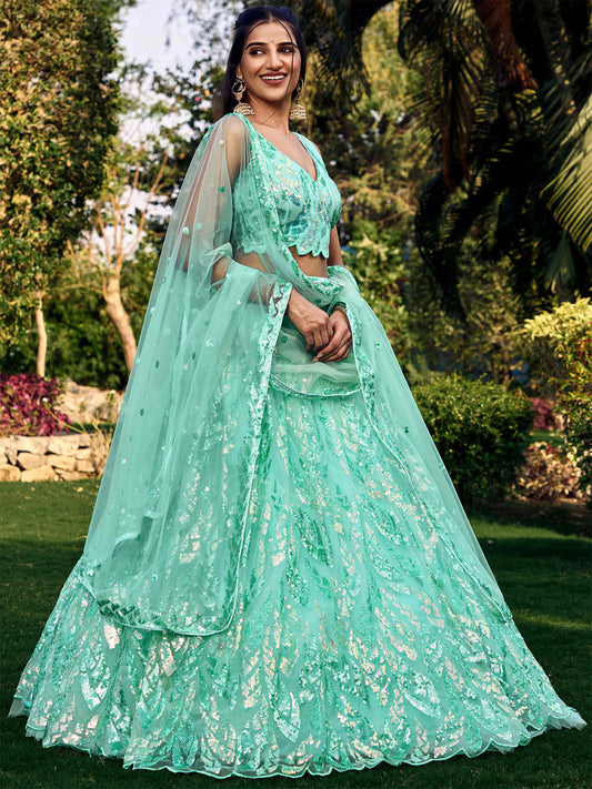 Odette Light Blue Soft Net Embellished Semi Stitched Lehenga With Unstitched Blouse For Women