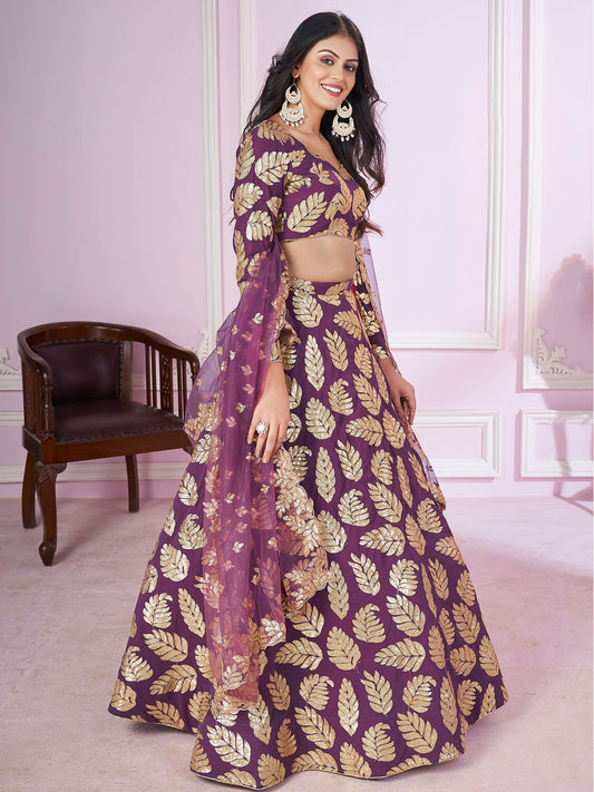 Odette Purple Georgette Embellished Semi Stitched Lehenga With Unstitched Blouse For Women