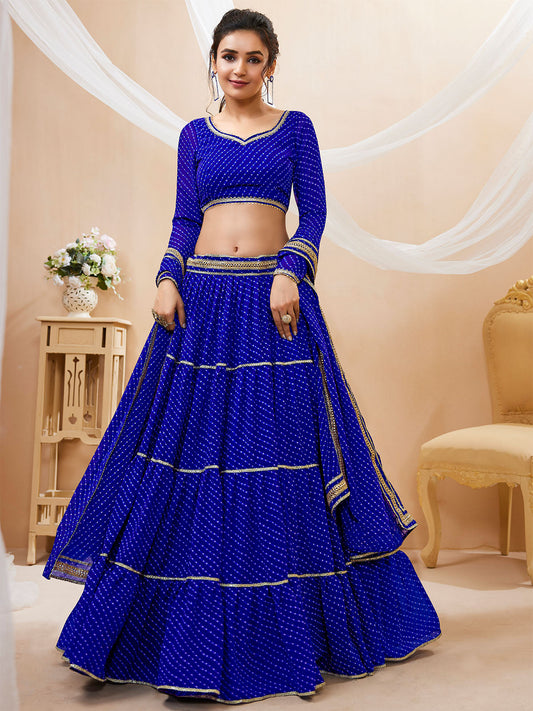 Odette Blue Georgette Printed Semi Stitched Lehenga With Unstitched Blouse For Women