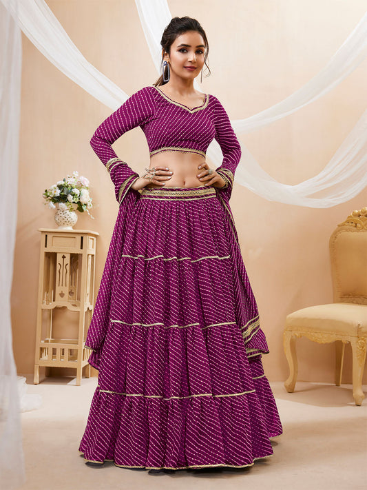 Odette Wine Georgette Printed Semi Stitched Lehenga With Unstitched Blouse For Women