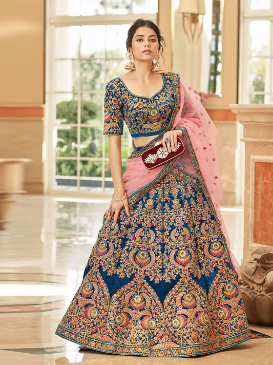 Odette Blue Velvet Embroidered Semi Stitched Lehenga With Unstitched Blouse For Women
