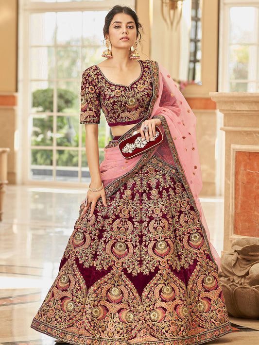 Odette Maroon Velvet Embroidered Semi Stitched Lehenga With Unstitched Blouse For Women