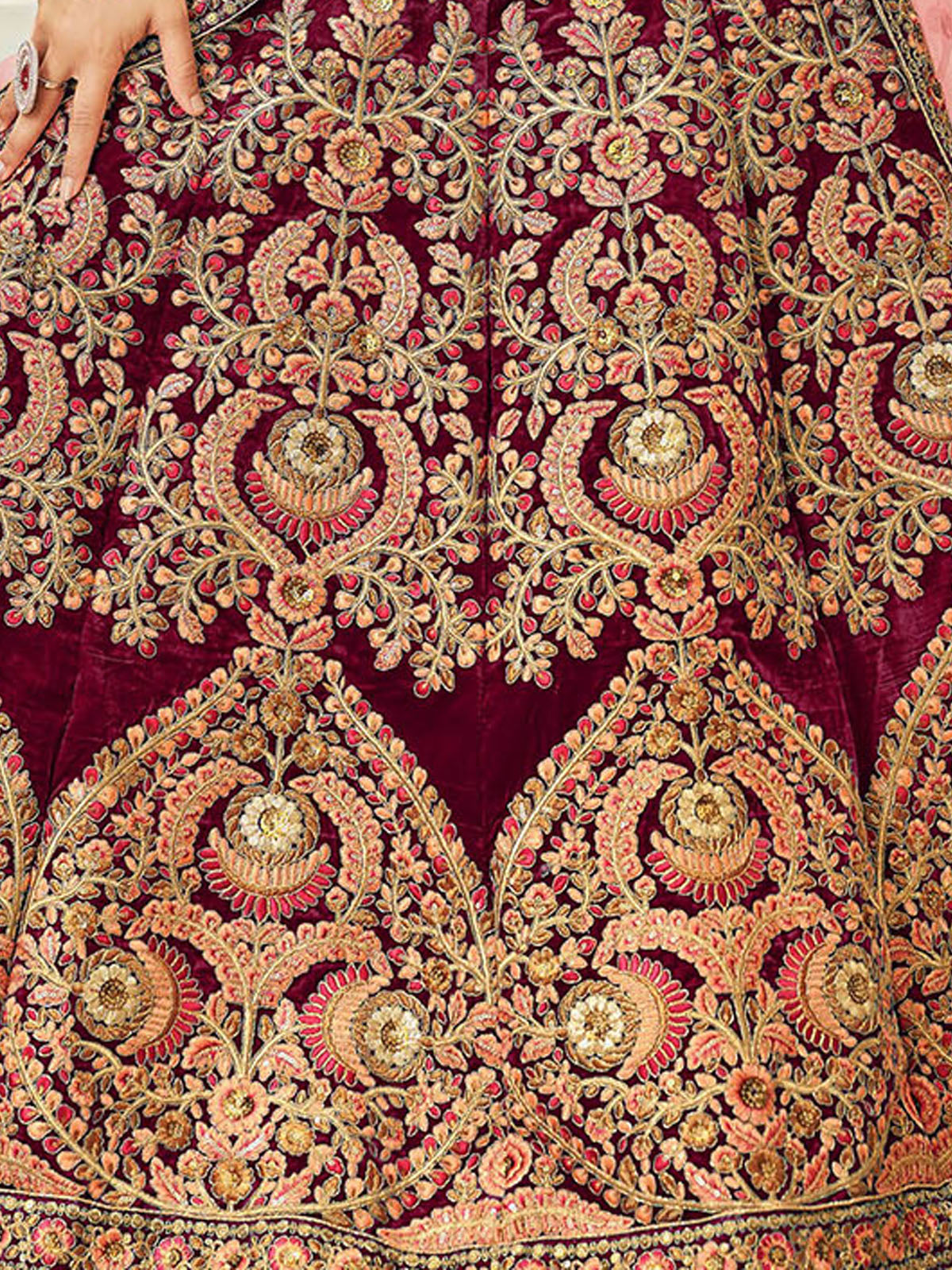 Odette Maroon Velvet Embroidered Semi Stitched Lehenga With Unstitched Blouse For Women