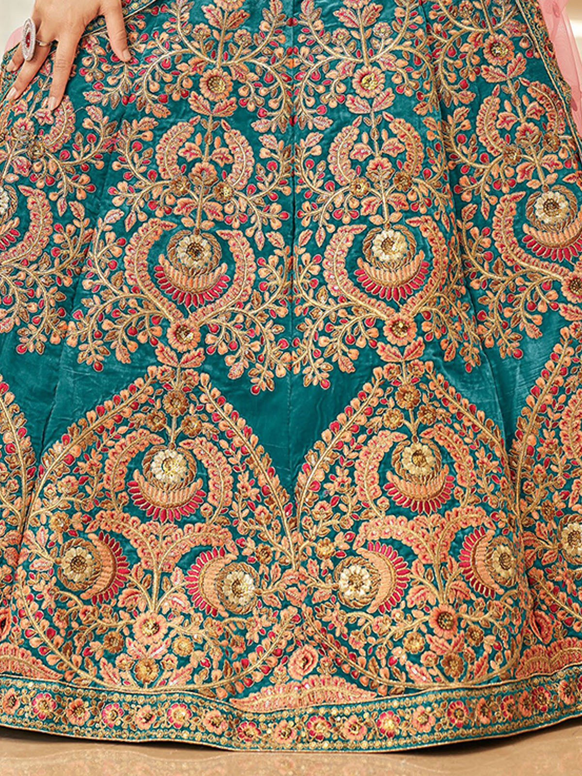 Odette Teal Velvet Embroidered Semi Stitched Lehenga With Unstitched Blouse For Women