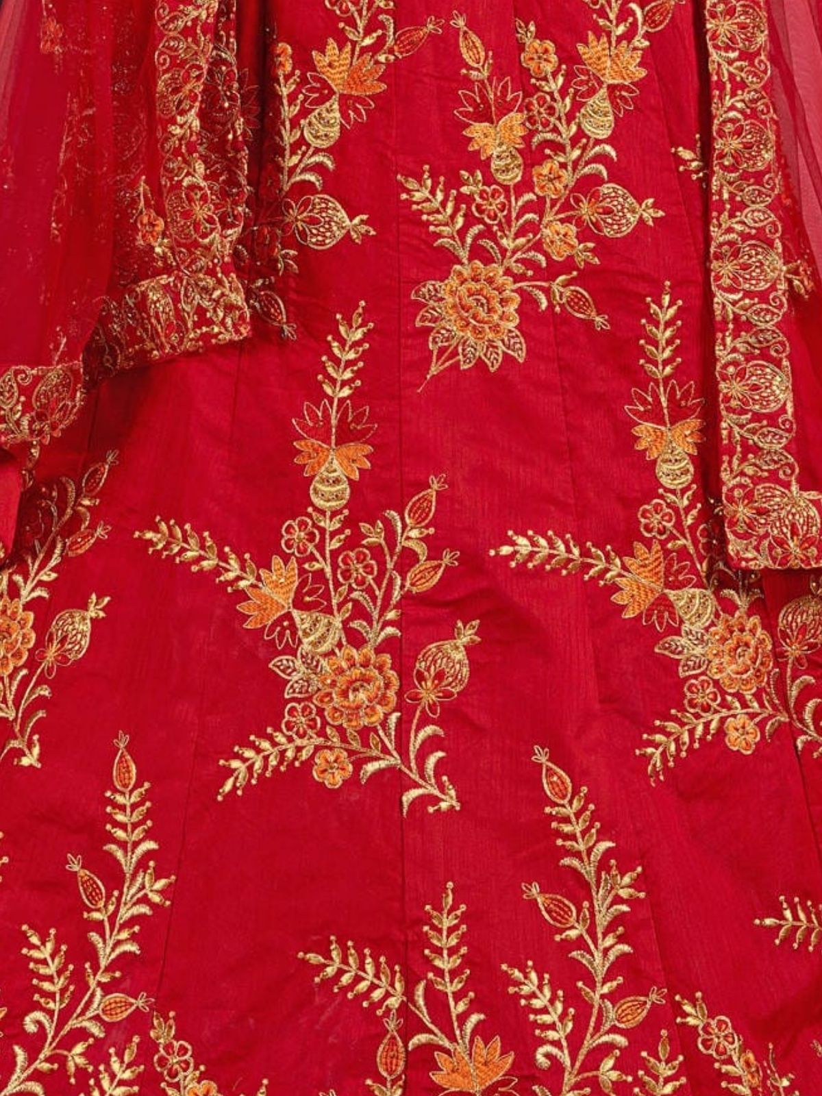 Odette Red Silk Blend Embroidered Semi Stitched Lehenga With Blouse For Women